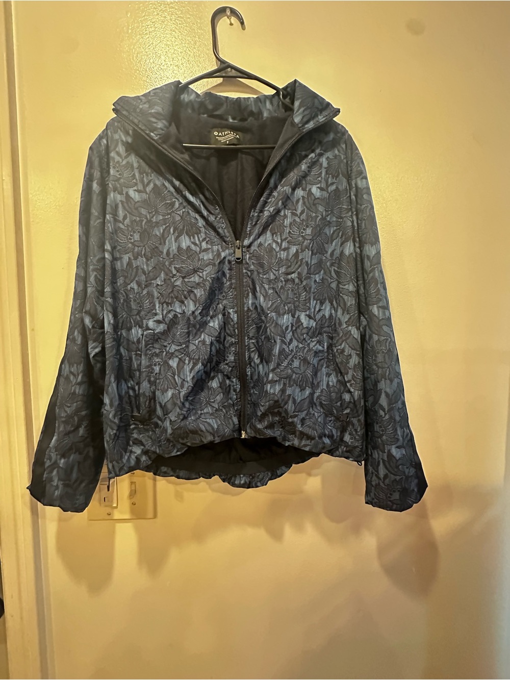 Athleta Navy Quilted Floral Hooded Bomber Jacket